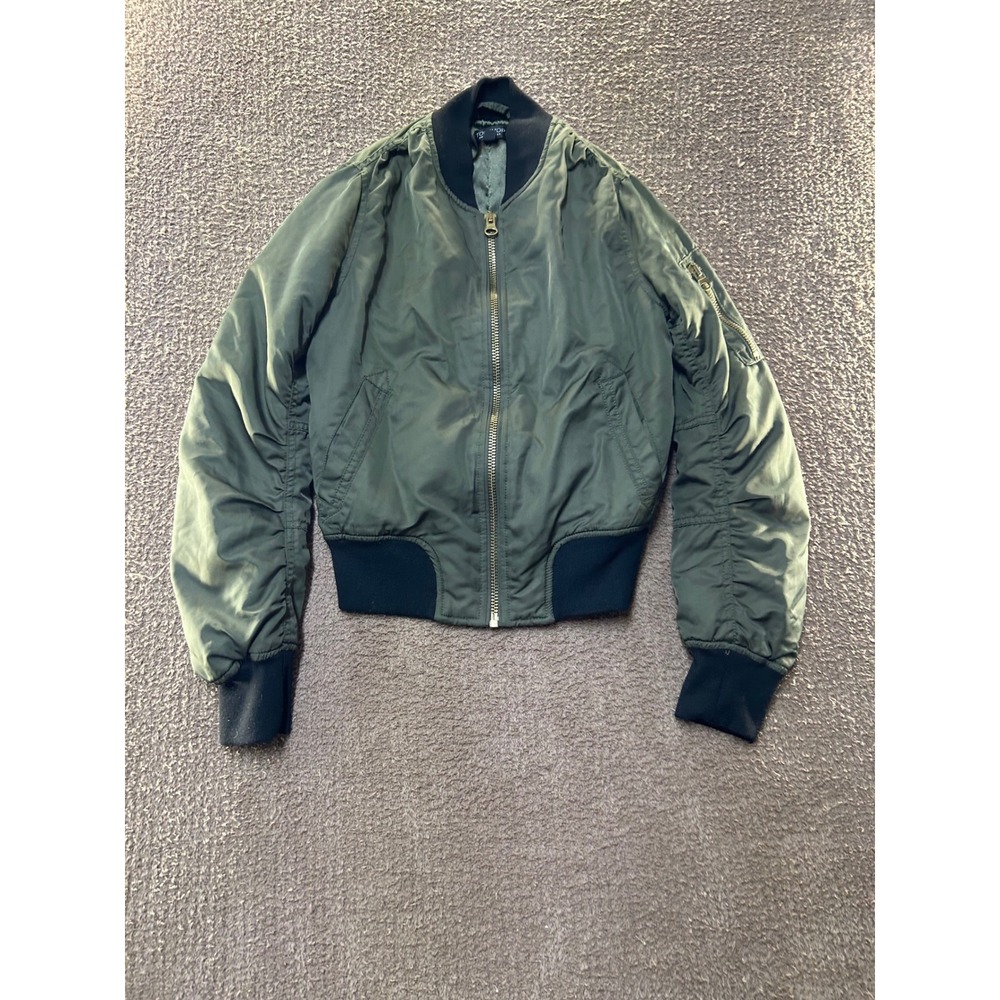 Topshop Womens Olive Green MA1 Bomber Jacket Size US 0 UK 4 Utility Zip Pocket